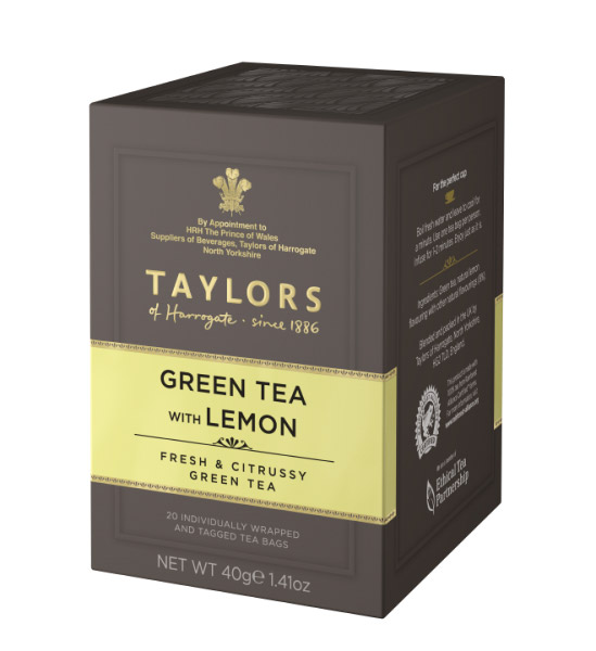 L’elegante scatola del Taylors Green Tea with lemon 