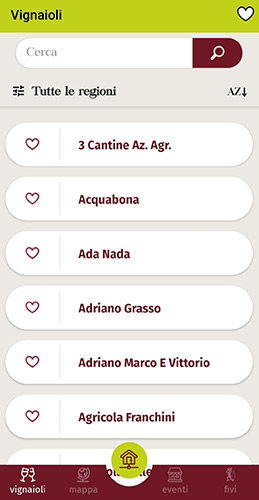 La pagina Vignaioli dell'app FIVI
