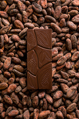 Tavoletta di cioccolato monorigine su letto di fave di cacao